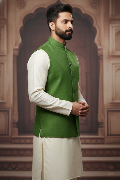 Men’s Dark Green Nehru Jacket with Black Piping | Designer Ethnic Waistcoat