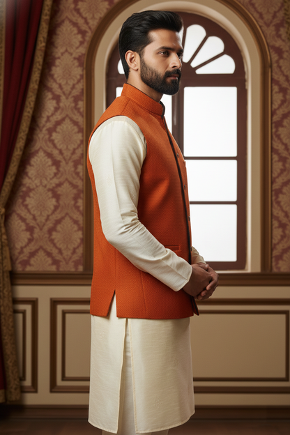 Men’s Rust Orange Nehru Jacket with Ivory Kurta