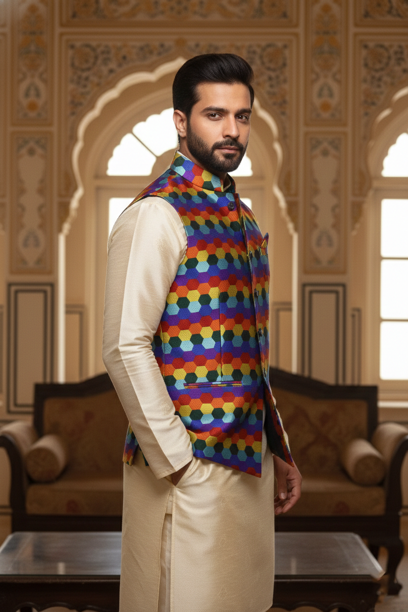 Men’s Multicolor Printed Nehru Jacket with Ivory Kurta
