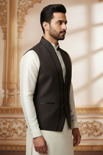 Men’s Black Jacquard Silk Waistcoat with Notch Lapel | Slim Fit Festive Vest