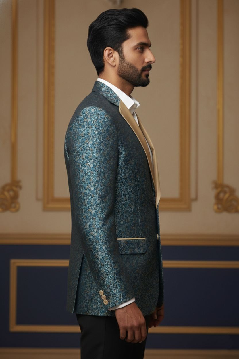 Blue & Gold Paisley Double-Breasted Blazer with Beige Accents