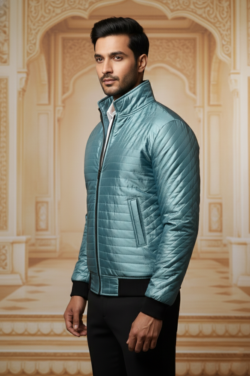 Men's Premium Metallic Teal Quilted Bomber Jacket , Slim Fit Mock Neck Puffer with Ribbed Cuffs