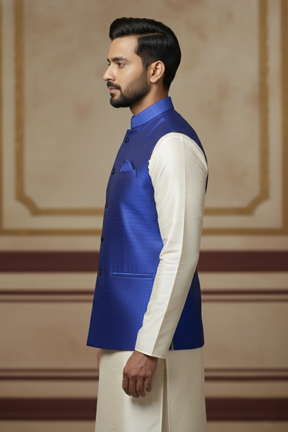 Men’s Royal Blue Nehru Jacket with Ivory Kurta Pajama
