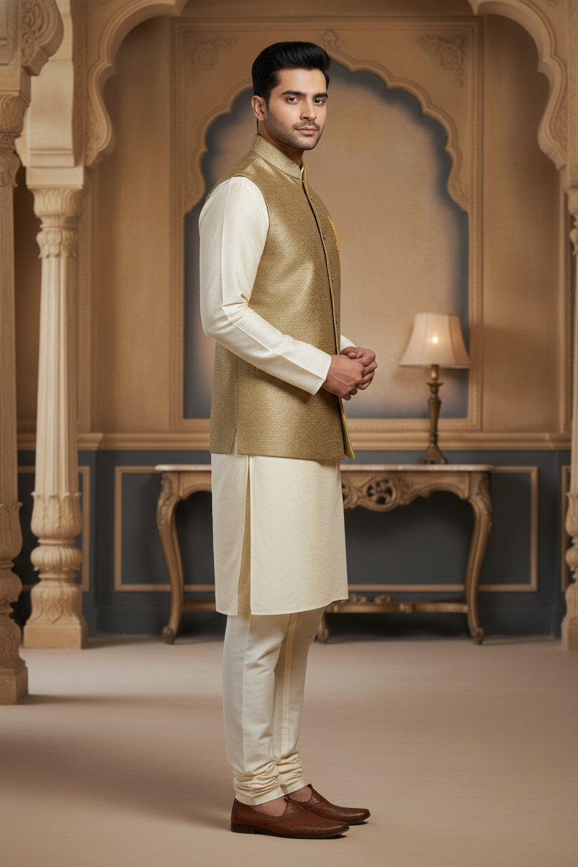 Golden Beige Nehru Jacket with Cream Kurta Set