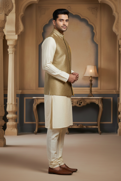 Golden Beige Nehru Jacket with Cream Kurta Set