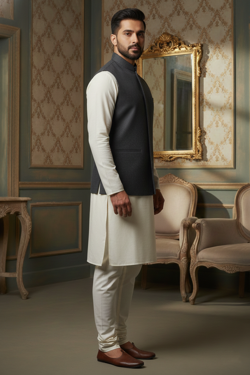 Men’s Charcoal Textured Nehru Jacket with Ivory Kurta