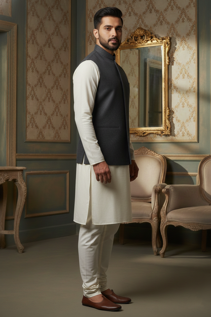 Men’s Charcoal Textured Nehru Jacket with Ivory Kurta