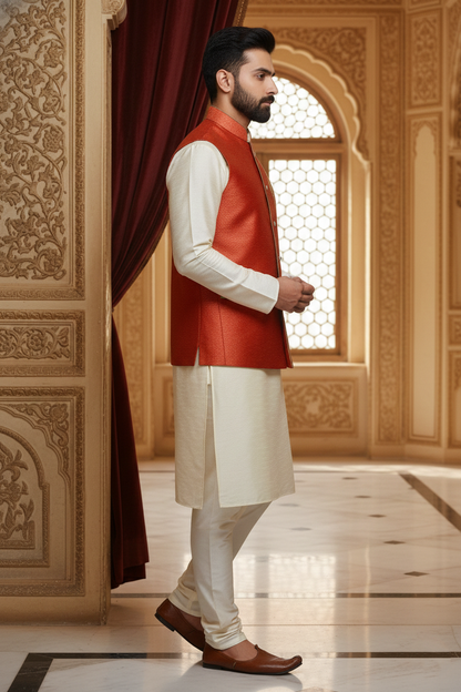 Bright Orange Nehru Jacket with Cream Kurta Set