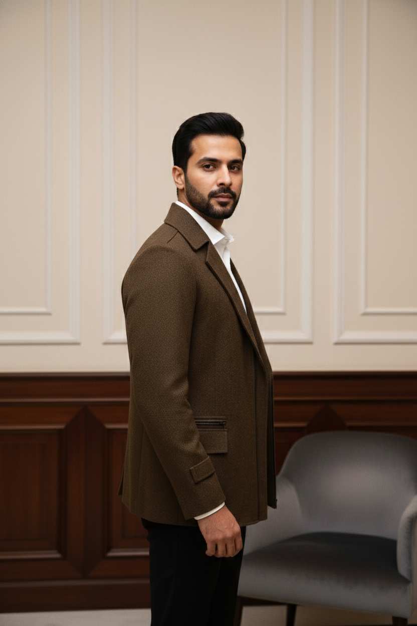 Men's Premium Brown Jacquard Textured Blazer Jacket