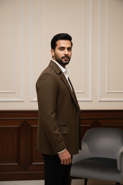Men's Premium Brown Jacquard Textured Blazer Jacket