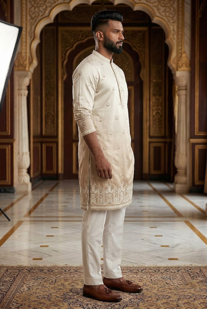 Men's Cream Ombré Embroidered Designer Kurta Pajama