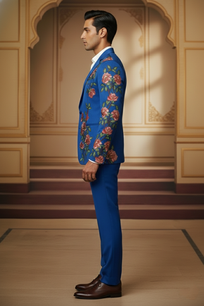 Sky Blue Artisan Blazer with Swan & Butterfly Hand-Embroidery , Designer Indo-Western Tuxedo