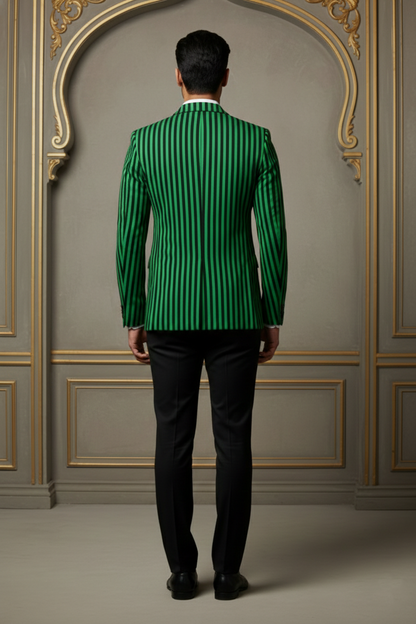 Green & Black Striped Two-Button  Blazer