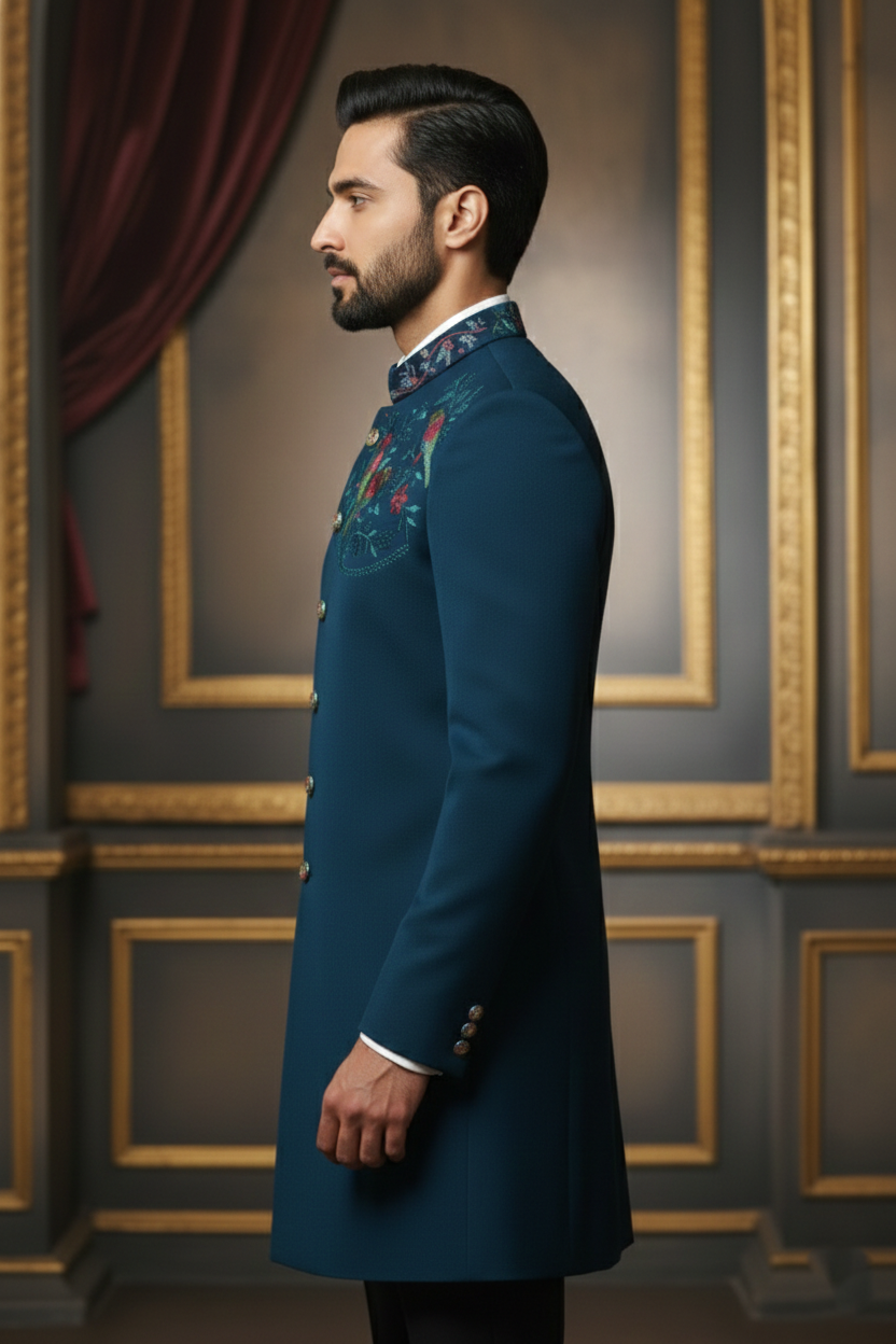 Midnight Blue Embroidered High-Collar Kurta Jacket