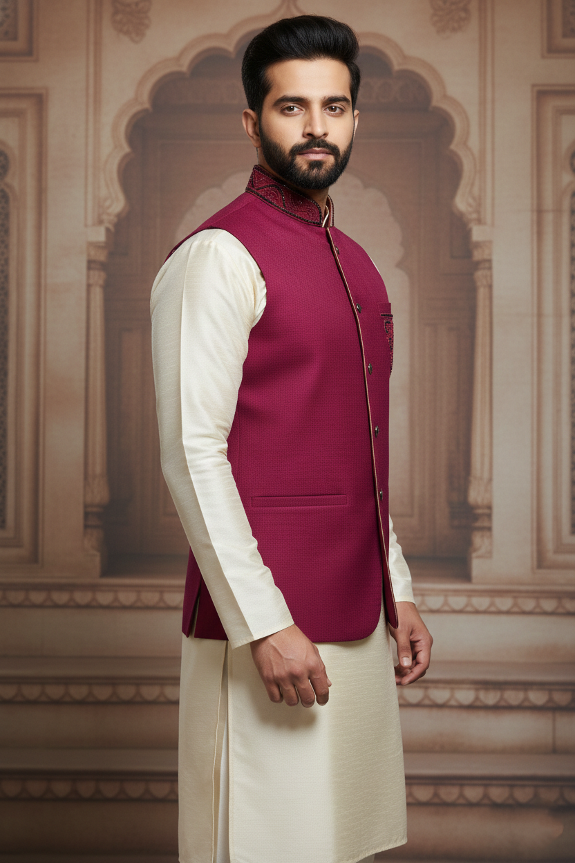 Men’s Wine Embroidered Nehru Jacket with Ivory Kurta