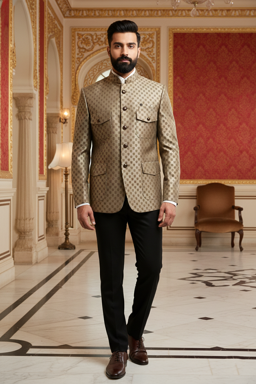 Men's Premium Gold Jacquard Jodhpuri Safari Jacket
