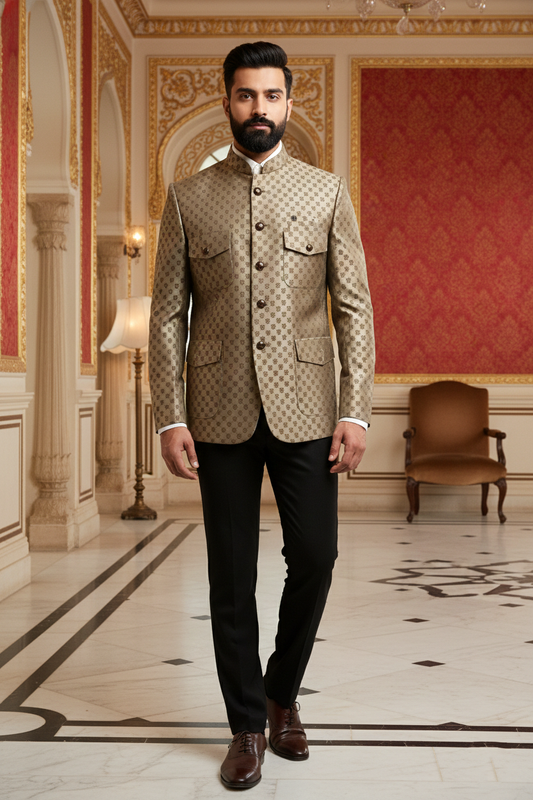 Men's Premium Gold Jacquard Jodhpuri Safari Jacket