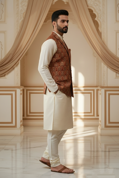 Men’s Rust Printed Nehru Jacket | Ethnic Waistcoat for Kurta Pajama & Festive Wear