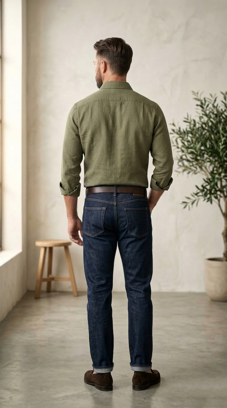 Men'sPremium Linen-Blend Button-Down Shirt in Olive Drab