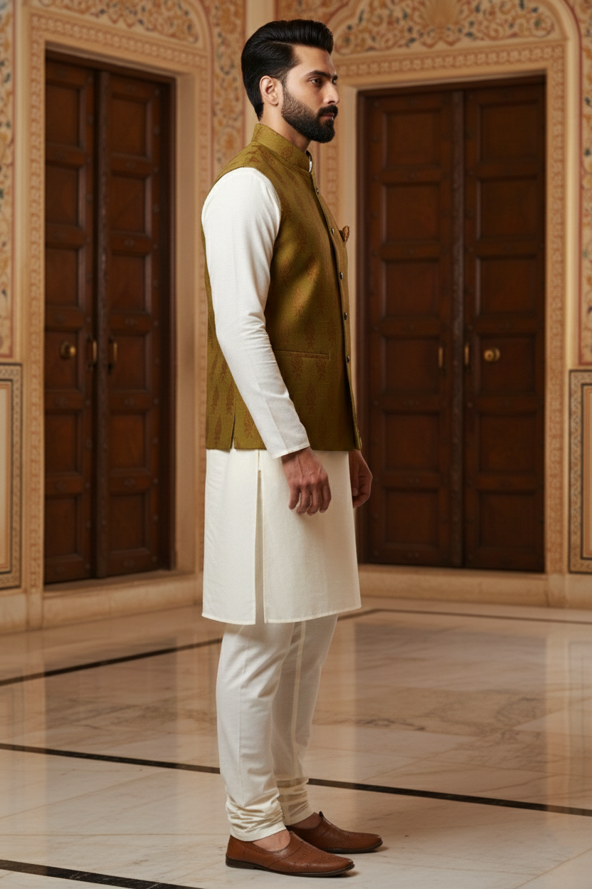 Men’s Olive Green Nehru Jacket with Gold Motif Work | Ethnic Waistcoat