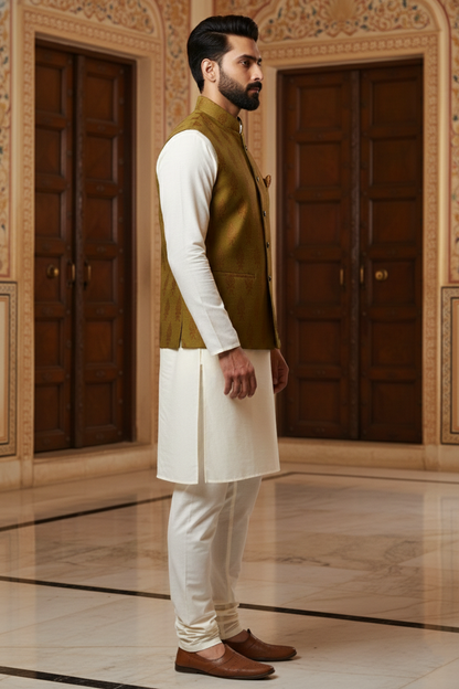 Men’s Olive Green Nehru Jacket with Gold Motif Work | Ethnic Waistcoat