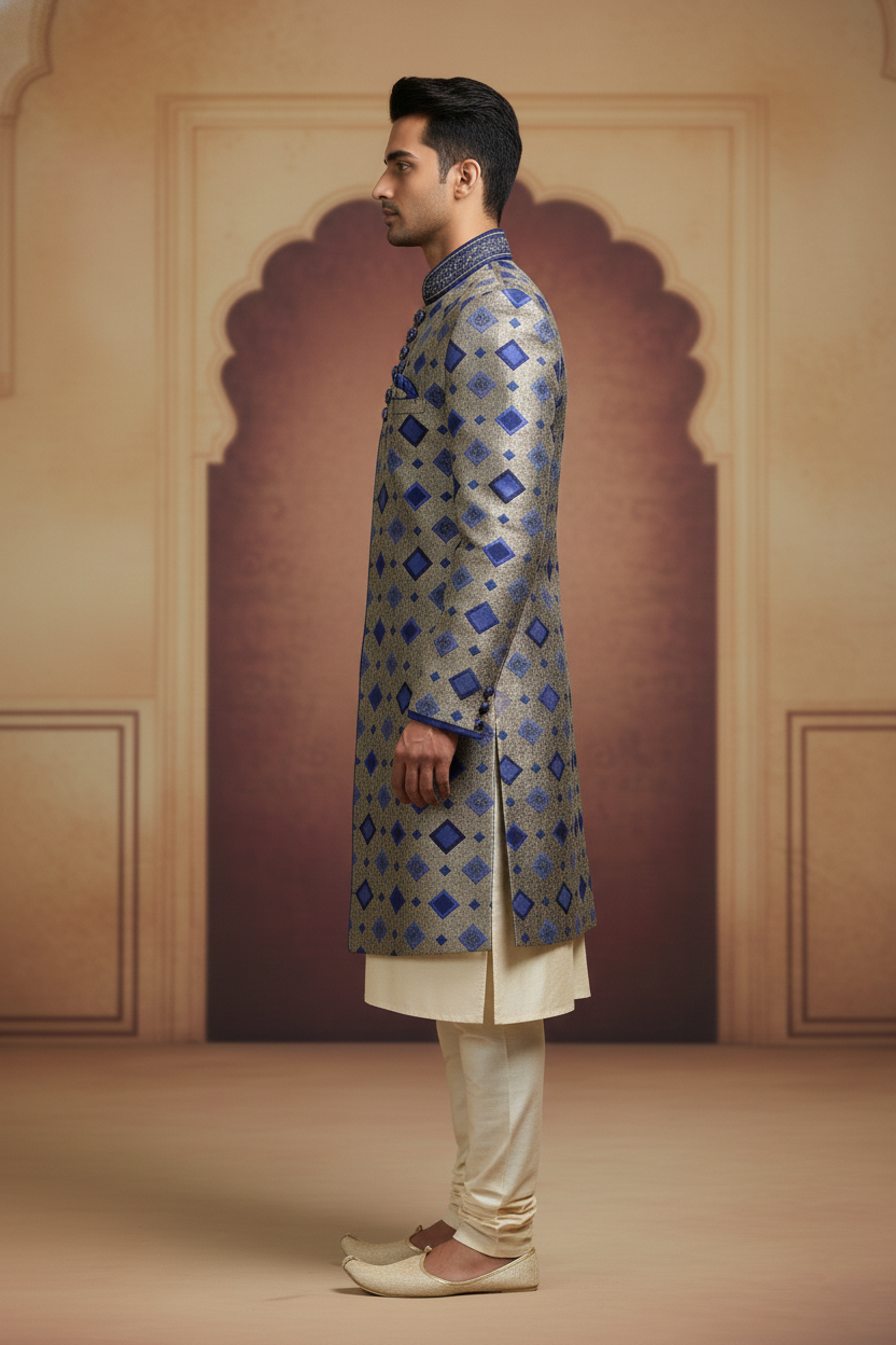 Gold Sherwani with Blue Motifs