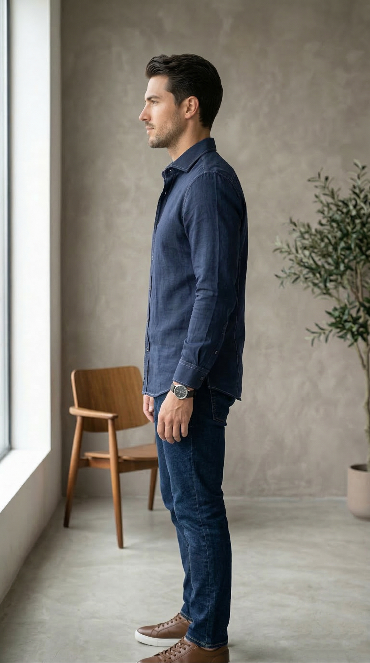 Men'sDeep Indigo Denim-Look Casual shirt with Contrast Topstitching