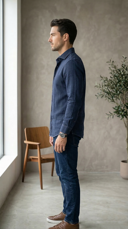 Men'sDeep Indigo Denim-Look Casual shirt with Contrast Topstitching
