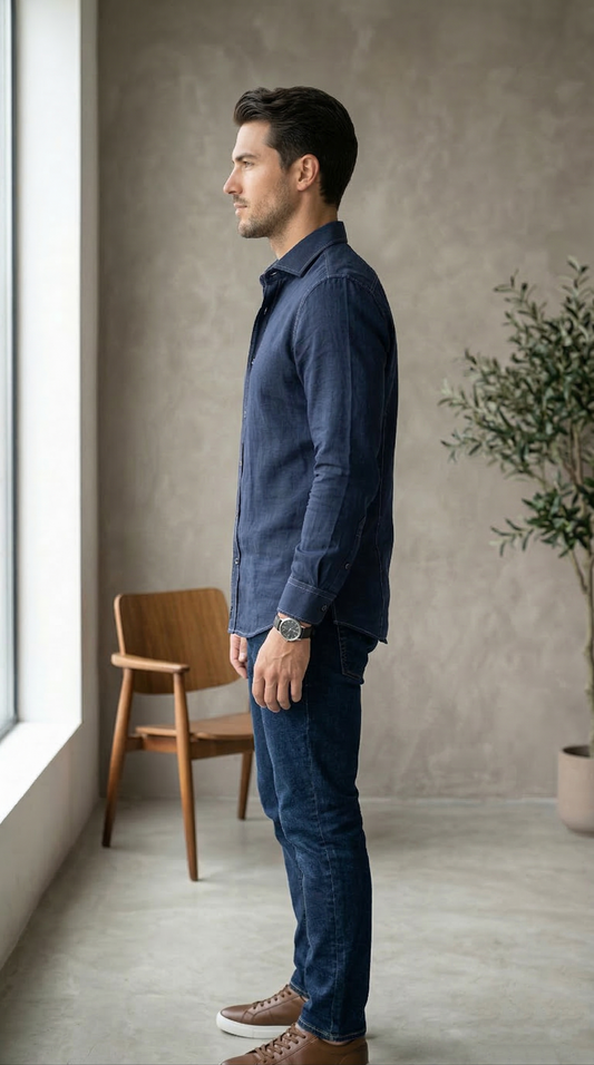 Men'sDeep Indigo Denim-Look Casual shirt with Contrast Topstitching