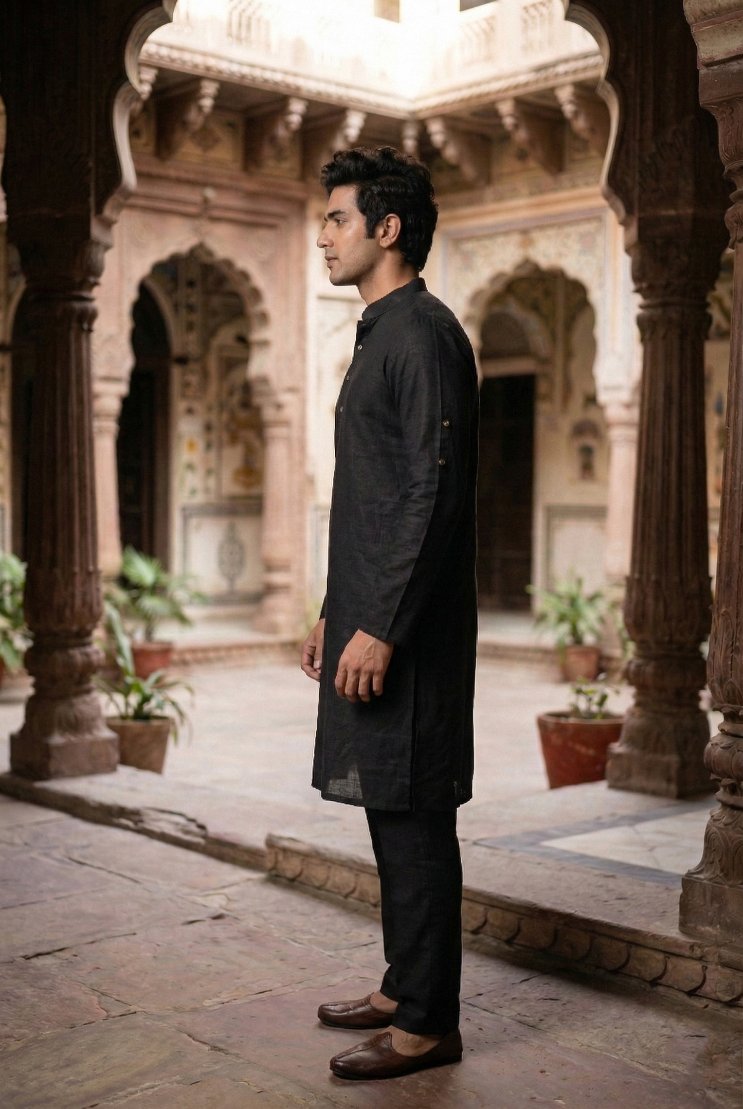 Men's Jet Black Linen-Blend Plain Kurta Pajama Set