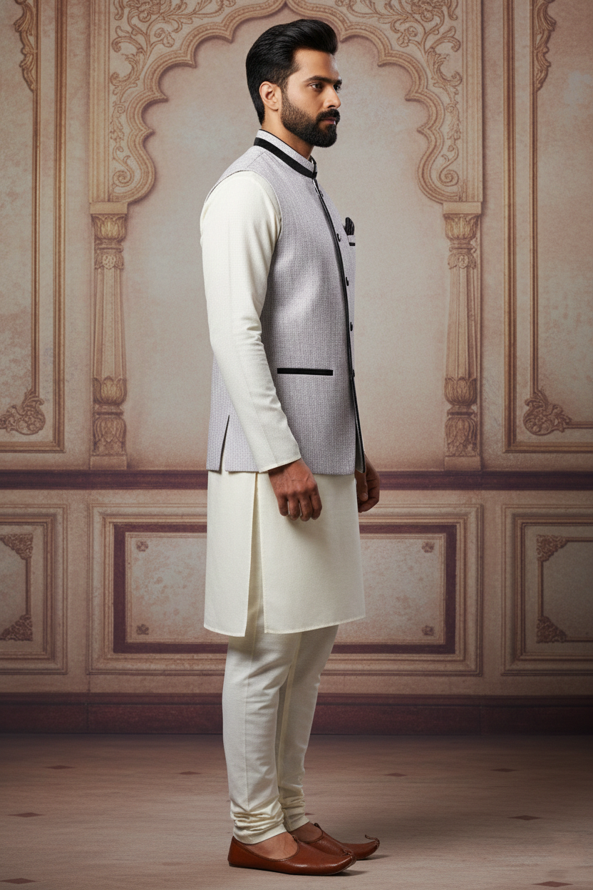 Light Grey Nehru Jacket with Black Trim & Cream  Kurta Set