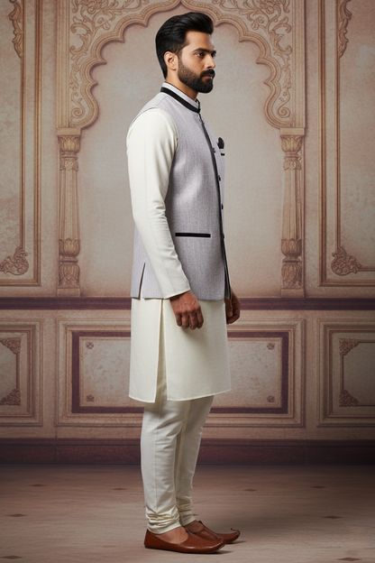 Light Grey Nehru Jacket with Black Trim & Cream  Kurta Set