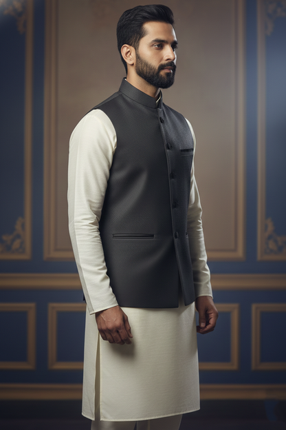 Men's Black Self-Textured Nehru Jacket – Classic Slim Fit Ethnic Modi Waistcoat for Weddings & Formal Events