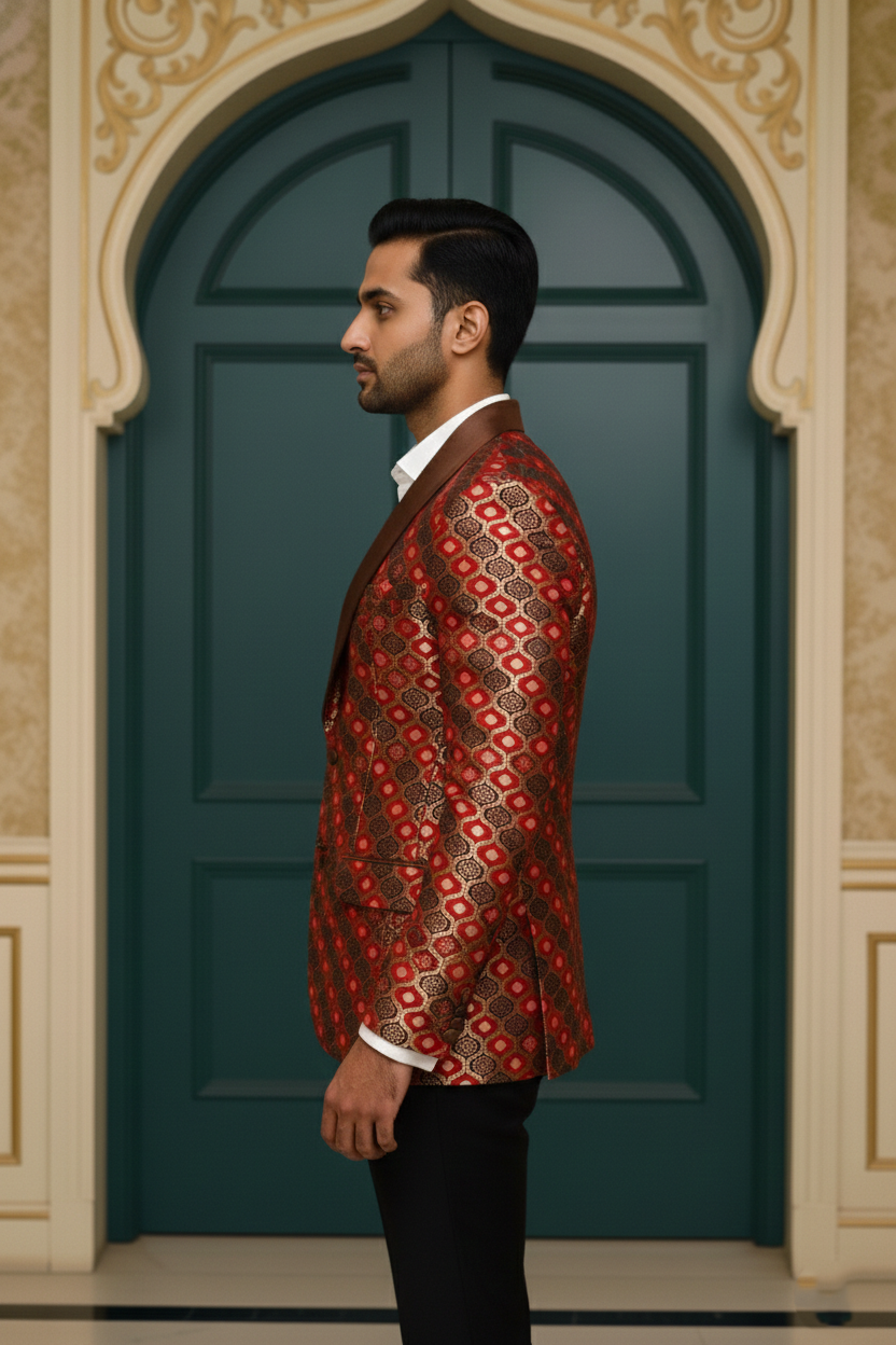 Men's Red and Gold Brocade Tuxedo Blazer , Ethnic Geometric Jacquard Wedding Jacket