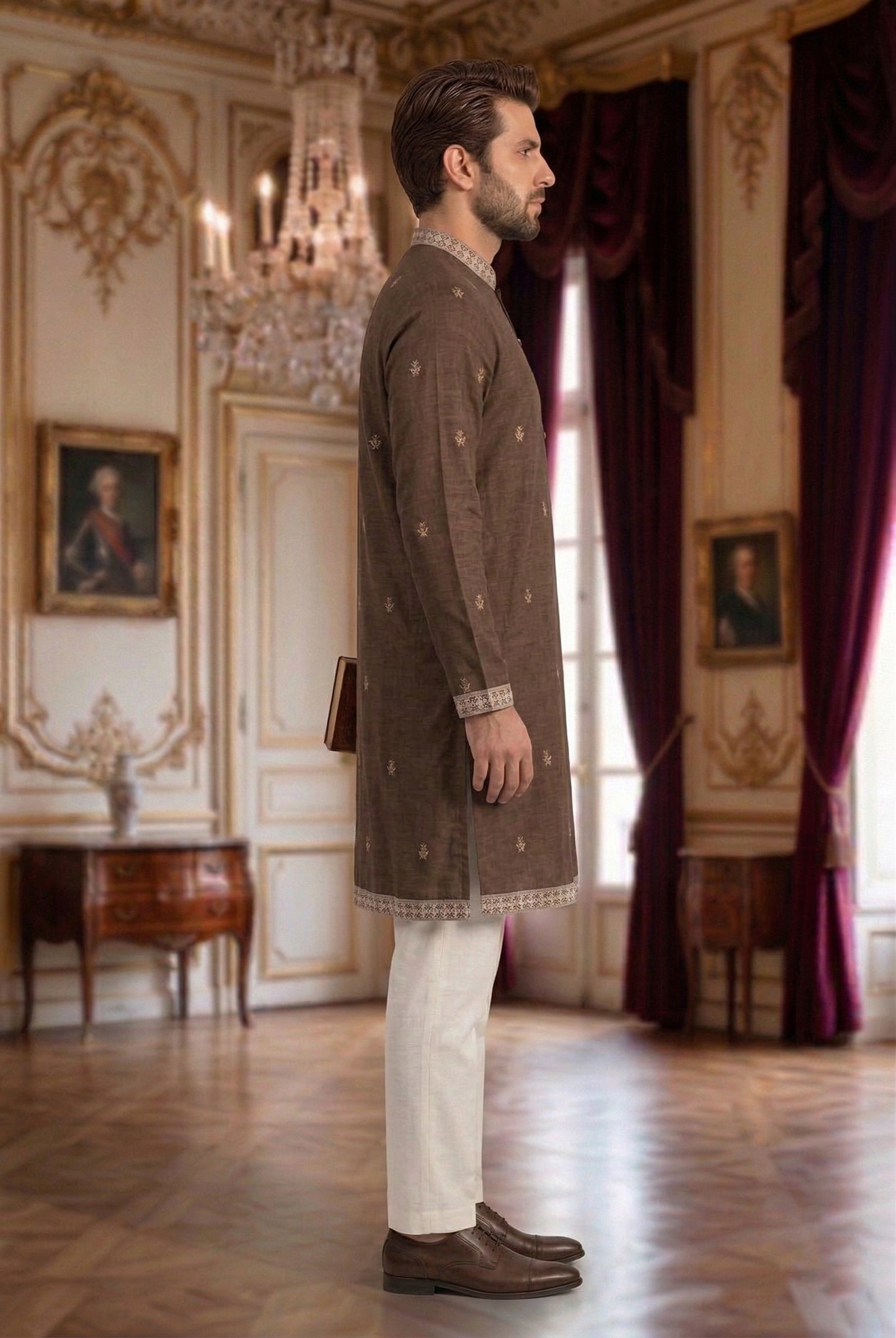 Men's Chocolate Brown Embroidered Kurta with White Trousers