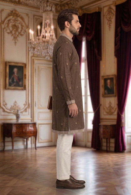 Men's Chocolate Brown Embroidered Kurta with White Trousers