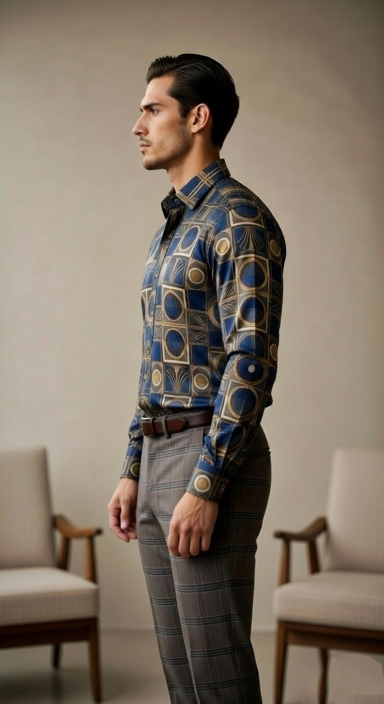 Designer Men'sArt Deco Tile Print Shirt , Navy & Gold Architectural Motif