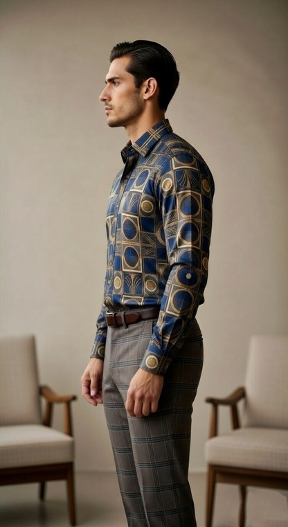Designer Men'sArt Deco Tile Print Shirt , Navy & Gold Architectural Motif