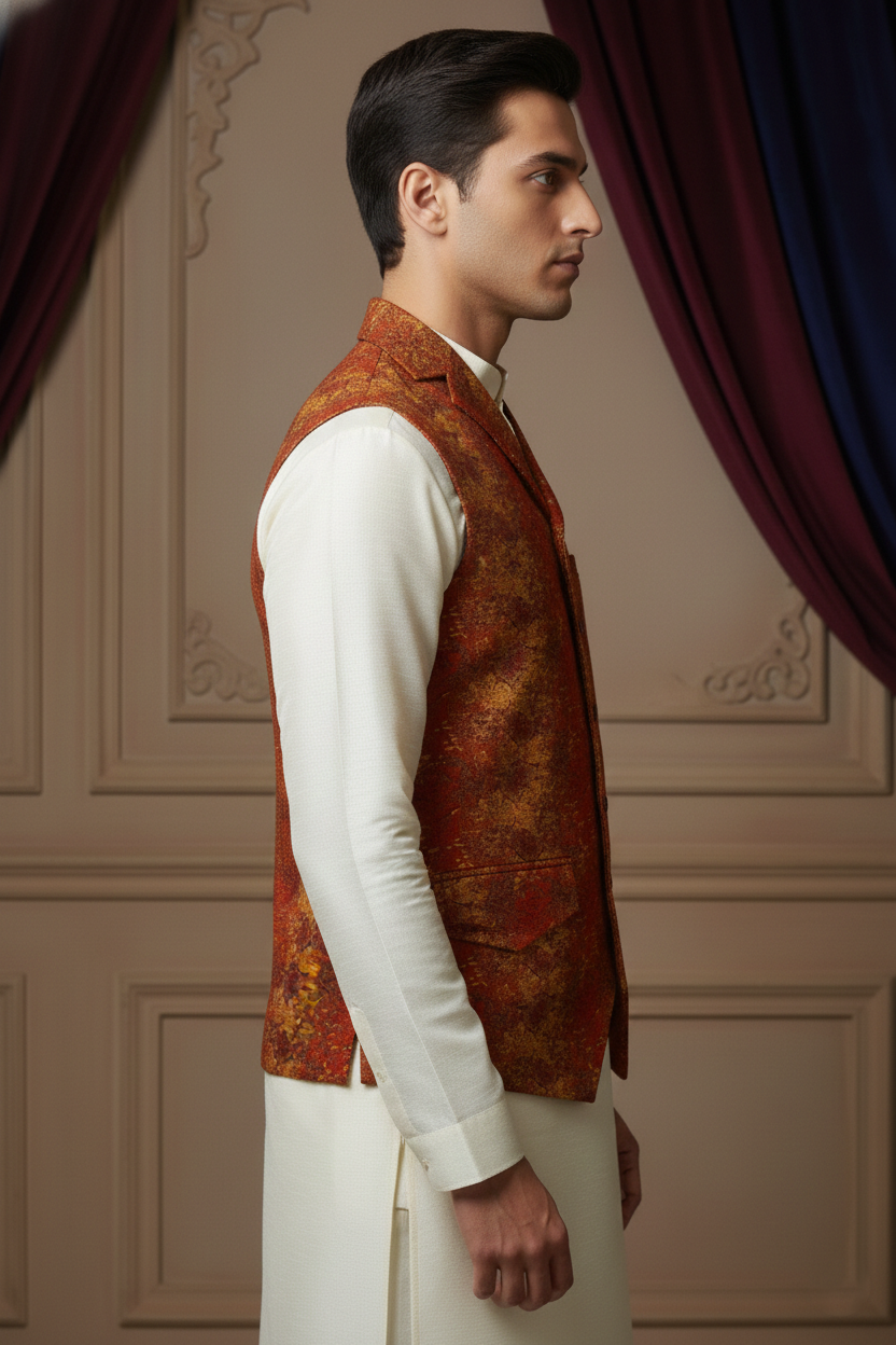 Men's Premium Banarasi Silk Textured Waistcoat in Burnt Orange and Gold