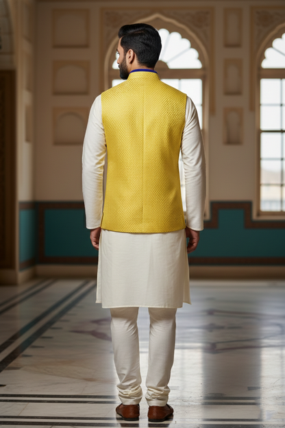 Bright Yellow Nehru Jacket with Dark Blue Trim &  Cream Kurta Set