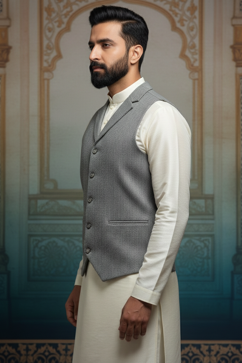 Men’s Grey Nehru Jacket | Classic Ethnic Waistcoat for Weddings, Festive & Formal Wear