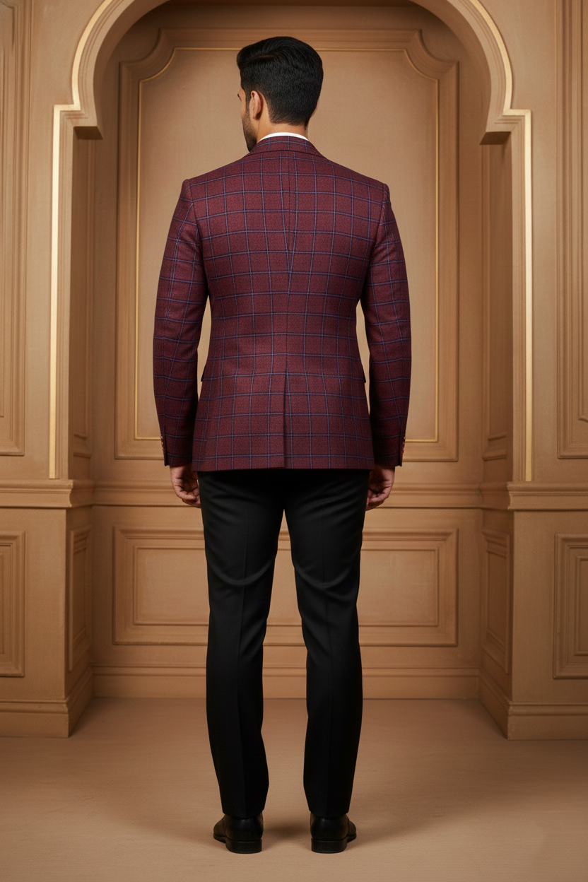 Men's Maroon & Navy Checkered Jacquard Blazer