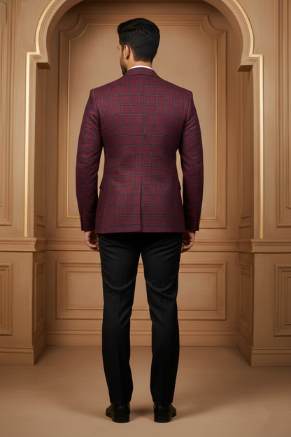 Men's Maroon & Navy Checkered Jacquard Blazer