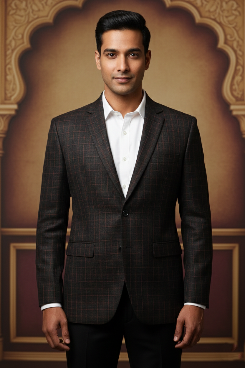 Men's Slim Fit Windowpane Check Blazer - Charcoal Grey & Rust Plaid Sport Coat - Formal Jacket for Weddings and Business