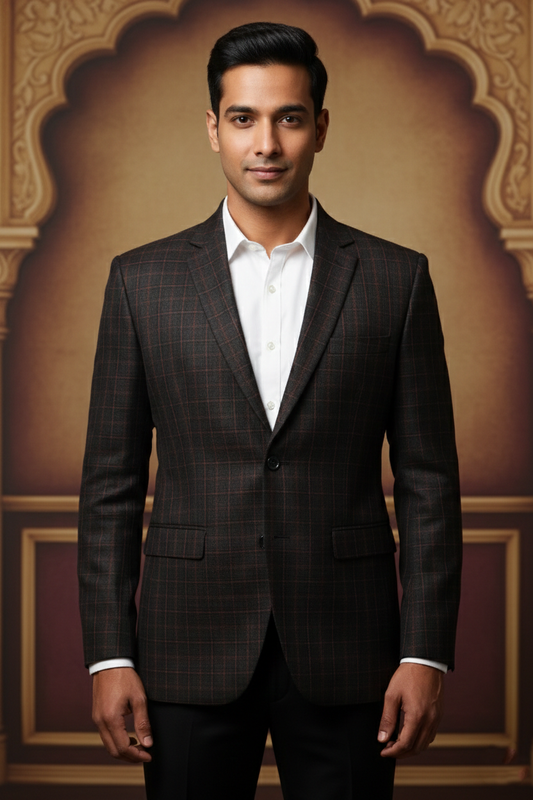 Men's Slim Fit Windowpane Check Blazer - Charcoal Grey & Rust Plaid Sport Coat - Formal Jacket for Weddings and Business