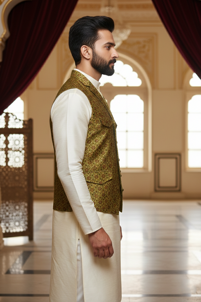 Men's Olive Green & Gold Geometric Print Nehru Jacket – Premium Multi-Pocket Designer Waistcoat with Notched Lapel for Ethnic & Fusion Wear