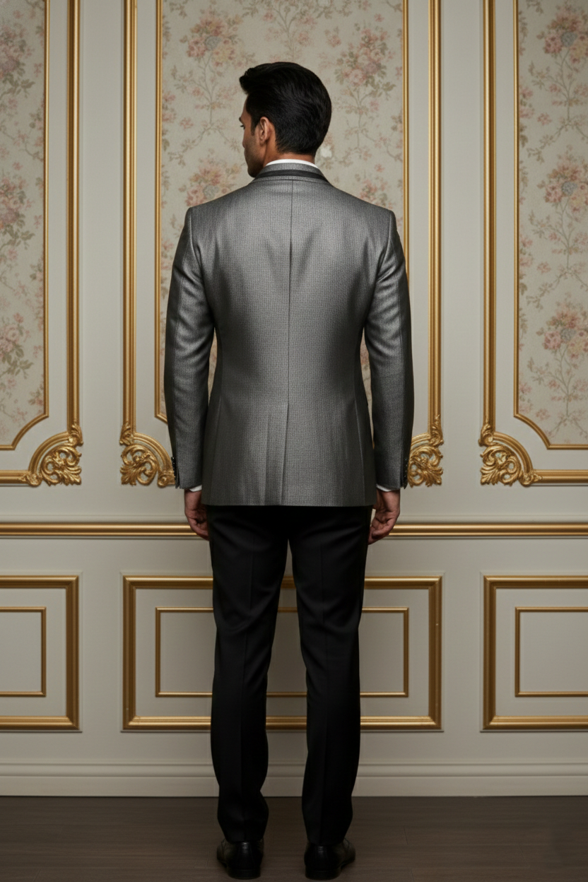 Men's Metallic Grey Textured Blazer with Contrast  Trim