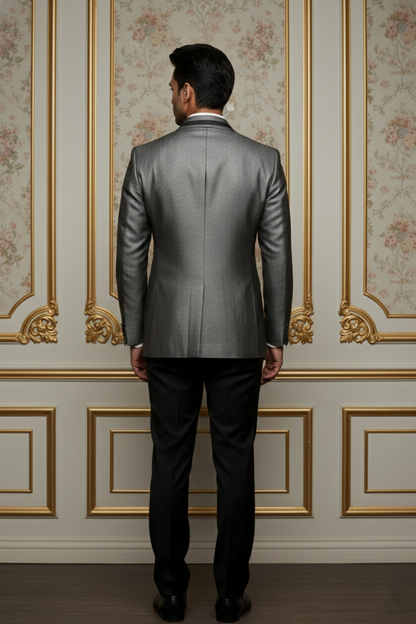 Men's Metallic Grey Textured Blazer with Contrast  Trim