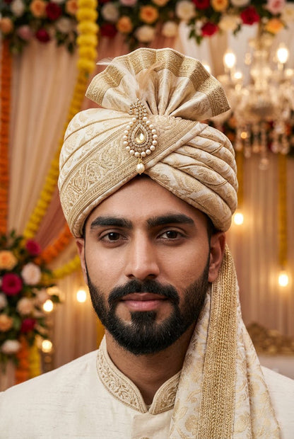 Royal Off-White & Gold Banarasi Silk Groom Pagri