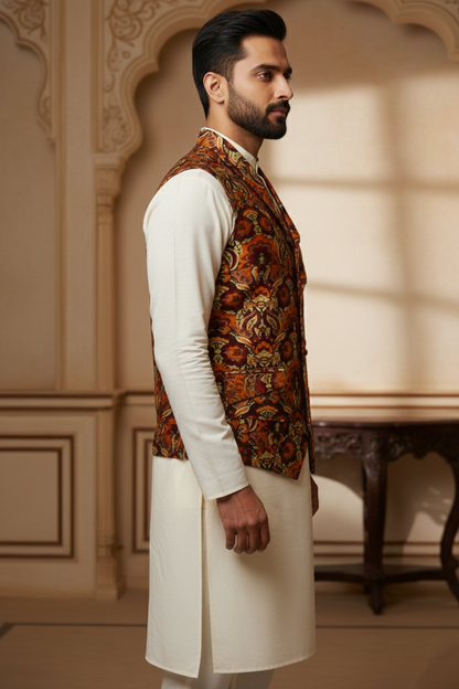 Men's Bohemian Paisley Silk Waistcoat in Earthy Rust and Gold